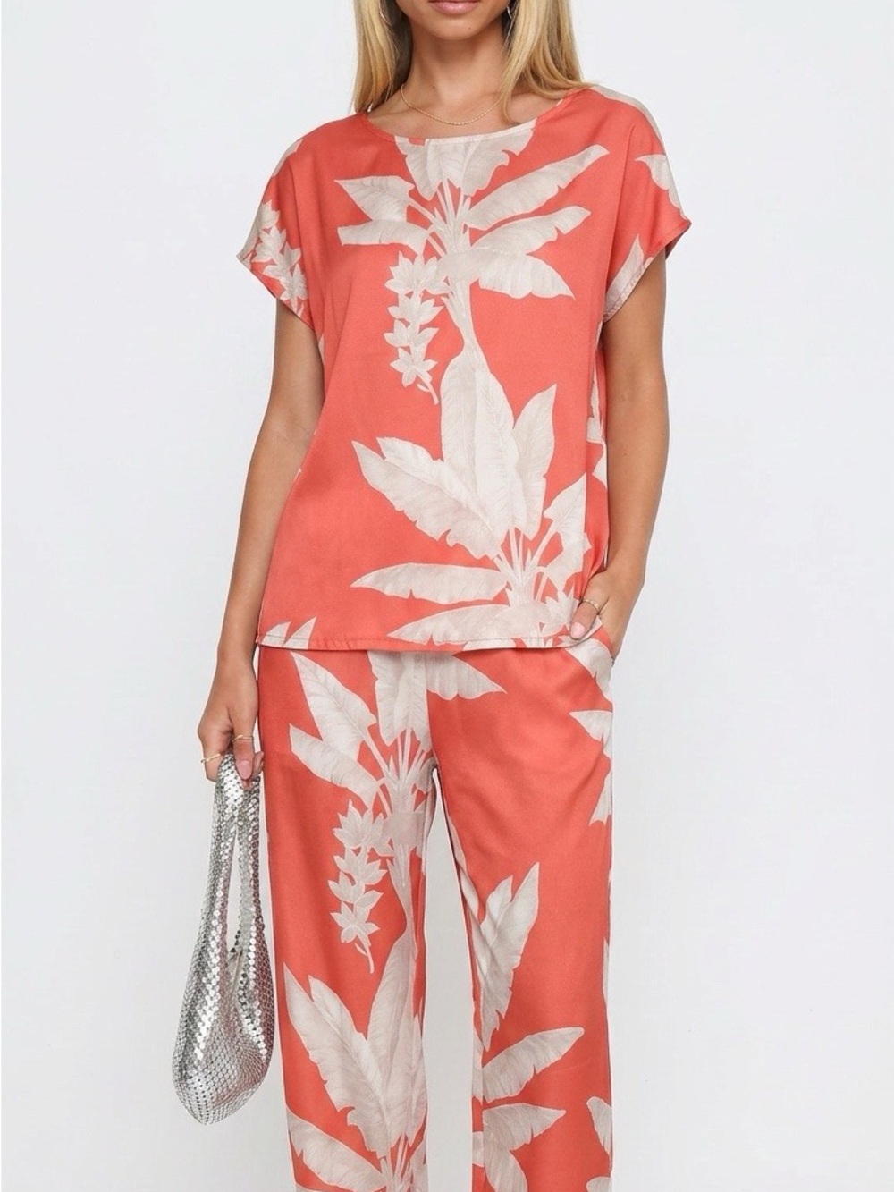 bryn Walker Coral & Cream Wide Leg two piece set.
